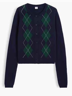 GAP Navy Cardigan with Green Argyle Pattern